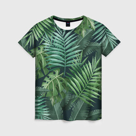 Женская футболка 3D с принтом Тропики  , 100% полиэфир ( синтетическое хлопкоподобное полотно) | прямой крой, круглый вырез горловины, длина до линии бедер | summer | банановая | банановые | джунгли | зелень | краски | летняя | лето | листики | листы | листья | надпись | настроение | отдых | отпуск | пальма | пальмовые | пальмы | папоротник | пляжная | позитив