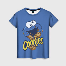Женская футболка 3D с принтом Cookies , 100% полиэфир ( синтетическое хлопкоподобное полотно) | прямой крой, круглый вырез горловины, длина до линии бедер | Тематика изображения на принте: cookie | cookiemonster | delicious | eat | monster | yummy | еда | коржик | куки | кукимонстр | монстр | печенье | сезам | сладости | улица | улицасезам