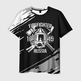 Мужская футболка 3D с принтом FIREFIGHTER 1649 RUSSIA , 100% полиэфир | прямой крой, круглый вырез горловины, длина до линии бедер | Тематика изображения на принте: 112 | 27 декабря | firefighter | багор | белая | герб | гкчс | знак | лого | логотип | маска | мчс | мчсник | пожарная охрана | пожарник | пожарный | пч | россии | рф | серая | символ | служба | состаренная