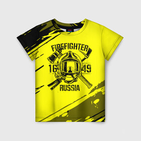 Детская футболка 3D с принтом FIREFIGHTER 1649 RUSSIA , 100% гипоаллергенный полиэфир | прямой крой, круглый вырез горловины, длина до линии бедер, чуть спущенное плечо, ткань немного тянется | 112 | firefighter | багор | герб | гкчс | желтая | знак | лого | логотип | мчс | мчсник | пожарная охрана | пожарник | пожарный | пч | россии | рф | серая | символ | служба | спасатель | спасения | топор | флаг