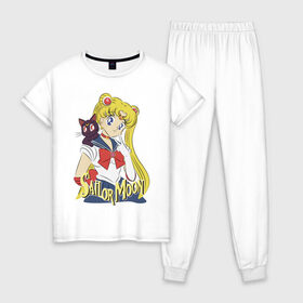 Женская пижама хлопок с принтом Sailor Moon & Luna , 100% хлопок | брюки и футболка прямого кроя, без карманов, на брюках мягкая резинка на поясе и по низу штанин | Тематика изображения на принте: cat | girl | kitty | luna | moon | sailor moon | sailormoon | девочка | кот | котик | котэ | кошка | луна | мультяшка | сейлормун | сэйлор мун