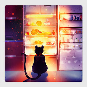 Магнитный плакат 3Х3 с принтом Черный кот холодильник ночь , Полимерный материал с магнитным слоем | 9 деталей размером 9*9 см | Тематика изображения на принте: арт | вкусняшки | ночной дожор | ночь | преступление | рисунок | холодильник | черный кот