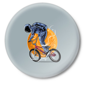 Значок с принтом Космический велосипедист (Z) ,  металл | круглая форма, металлическая застежка в виде булавки | bicycle | bicyclist | bike | biker | bmx | cycle | galaxy | moon | rider | space | stars | байкер | бмх | вело | велогонщик | велосепедист | велосипед | велоспорт | гонщик | космос | луна
