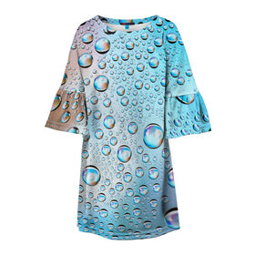 Детское платье 3D с принтом Капли голубой роса стекло вода , 100% полиэстер | прямой силуэт, чуть расширенный к низу. Круглая горловина, на рукавах — воланы | вода | градиент | для всех | дождь | капли | летний | на каждый день | обычный | окно | поверхность | повседневный | размытость | роса | стекло