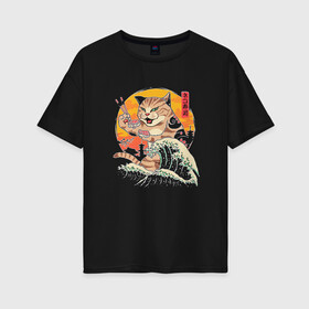 Женская футболка хлопок Oversize с принтом Great Cat Wave , 100% хлопок | свободный крой, круглый ворот, спущенный рукав, длина до линии бедер
 | Тематика изображения на принте: anime | art | cat | cats | great wave | hokusai | japan | japanese | kanagawa | kanji | sushi | арт | большая | в японском стиле | великая | волна | ест суши | иероглифы | канагава | кандзи | китайские | кот | котенок | кошка | палочки | суши