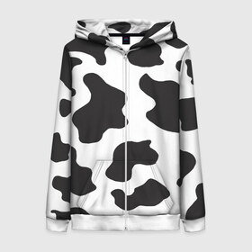 Женская толстовка 3D на молнии с принтом COW PRINT , 100% полиэстер | длина до линии бедра, манжеты и пояс оформлены мягкой тканевой резинкой, двухслойный капюшон со шнурком для регулировки, спереди молния, по бокам два кармана | Тематика изображения на принте: animals | cow | cow print | корова | коровий принт