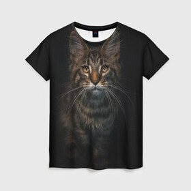 Женская футболка 3D с принтом Кот усатый , 100% полиэфир ( синтетическое хлопкоподобное полотно) | прямой крой, круглый вырез горловины, длина до линии бедер | cat | кот | котёнок | котик | кошка | мейн кун | полосатый | пушистый | усатый