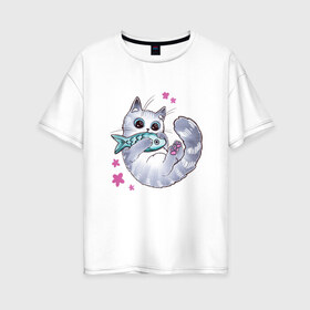 Женская футболка хлопок Oversize с принтом Котик с рыбкой , 100% хлопок | свободный крой, круглый ворот, спущенный рукав, длина до линии бедер
 | игрушка | кот | котёнок | котик | рыба | рыбка | цветочки | цветы