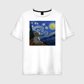 Женская футболка хлопок Oversize с принтом Винсент Вангог , 100% хлопок | свободный крой, круглый ворот, спущенный рукав, длина до линии бедер
 | арт | винсент вангог | дождь | ночь | романтика | художник
