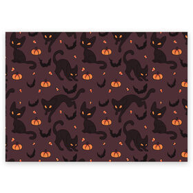 Поздравительная открытка с принтом Хэллоуиновский кот , 100% бумага | плотность бумаги 280 г/м2, матовая, на обратной стороне линовка и место для марки
 | арт | конфеты | кот | котёнок | кошка | оранжевый | рисунок | тёмный | тыква | тыквы | фиолетовый | хеллоуин | хэллоуин | чёрный