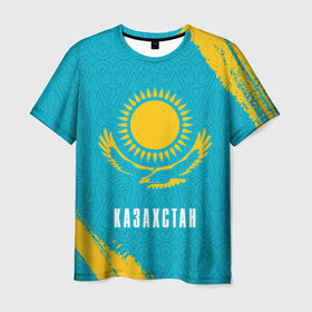 Мужская футболка 3D с принтом КАЗАХСТАН / KAZAKHSTAN , 100% полиэфир | прямой крой, круглый вырез горловины, длина до линии бедер | Тематика изображения на принте: flag | kazakhstan | qazaqstan | герб | захах | казахстан | кахахи | лого | нур султан | республика | символ | страна | флаг