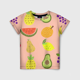Детская футболка 3D с принтом Фруктики , 100% гипоаллергенный полиэфир | прямой крой, круглый вырез горловины, длина до линии бедер, чуть спущенное плечо, ткань немного тянется | авокадо | ананас | апельсин | арбуз | виноград | груша | лимон | фрукт