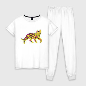 Женская пижама хлопок с принтом Бенгальский кот , 100% хлопок | брюки и футболка прямого кроя, без карманов, на брюках мягкая резинка на поясе и по низу штанин | Тематика изображения на принте: bengal | cat | color | colorful | kitten | kitty | puss | pussycat | tiger | vivid | бенгал | бенгальская | грация | киса | киска | кот | котенок | котик | кошатник | кошатница | кошка | леопард | леопардовая | люблю котов | малайзия