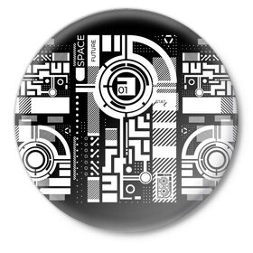 Значок с принтом Будущее,01, ,  металл | круглая форма, металлическая застежка в виде булавки | абстракция | киберпанк | круги | механизм | надпись | символ | схема | узор