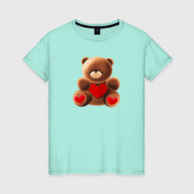 Женская футболка хлопок с принтом Медвежонок с сердечком , 100% хлопок | прямой крой, круглый вырез горловины, длина до линии бедер, слегка спущенное плечо | love is | teddy bear | valentines day | бабушка | валентинка | влюбленные | девушке | жена | лучшая | любимая | люблю | любовь | мама | медведь | медвежата | молодожены | подарок | романтика | свадебные | свадьба