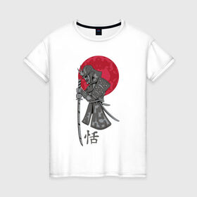 Женская футболка хлопок с принтом Самурай , 100% хлопок | прямой крой, круглый вырез горловины, длина до линии бедер, слегка спущенное плечо | japan | katana | moon | samurai | воин | воин самурай | доспехи | доспехи самурая | иероглиф | иероглифы | ироглиф | катана | луна | меч | нагабакама | рисунок | самурай | самурайское кимоно | солнце | хакама
