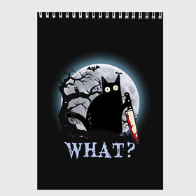 Скетчбук с принтом What Cat (Halloween) , 100% бумага
 | 48 листов, плотность листов — 100 г/м2, плотность картонной обложки — 250 г/м2. Листы скреплены сверху удобной пружинной спиралью | Тематика изображения на принте: cat | cats | halloween | what | кот | котенок | коты | котяра | кошак | кошка | нож | пушистый | хэллоуин | что