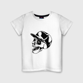 Детская футболка хлопок с принтом Череп в кепке , 100% хлопок | круглый вырез горловины, полуприлегающий силуэт, длина до линии бедер | арт | белый | в кепке | вектор | кепка | рисунок | скелет | череп | чёрный