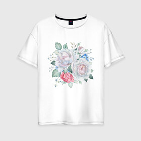 Женская футболка хлопок Oversize с принтом Букет белые розы , 100% хлопок | свободный крой, круглый ворот, спущенный рукав, длина до линии бедер
 | белые розы | букет | лето | нежность | цветы