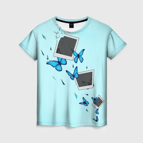 Женская футболка 3D с принтом Live Is Strange , 100% полиэфир ( синтетическое хлопкоподобное полотно) | прямой крой, круглый вырез горловины, длина до линии бедер | бабочки | градиент | осколки | полароид
