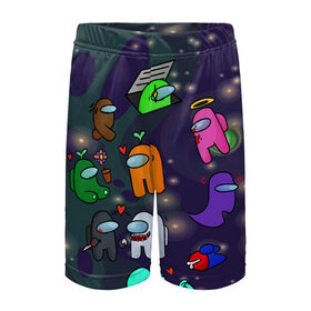 Детские спортивные шорты 3D с принтом Among Us ,  100% полиэстер
 | пояс оформлен широкой мягкой резинкой, ткань тянется
 | Тематика изображения на принте: among us | cosmos | game | space | игра | космос | среди нас