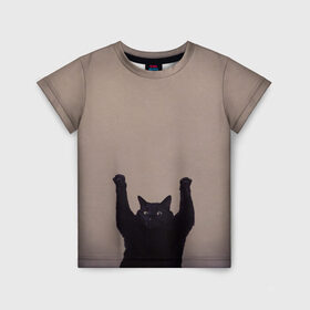 Детская футболка 3D с принтом Кот сдается , 100% гипоаллергенный полиэфир | прямой крой, круглый вырез горловины, длина до линии бедер, чуть спущенное плечо, ткань немного тянется | cat | арест | испуг | кот | руки вверх | черный кот