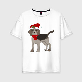 Женская футболка хлопок Oversize с принтом Новогодний Бигль , 100% хлопок | свободный крой, круглый ворот, спущенный рукав, длина до линии бедер
 | 2021 | бигль | зима | зимняя собака | милый | нарядная собака | новогодний щенок | новый год | подарок | собака | собака в шапке | шарф | щенок | щенок с шарфом