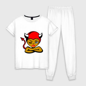Женская пижама хлопок с принтом Дьяволица , 100% хлопок | брюки и футболка прямого кроя, без карманов, на брюках мягкая резинка на поясе и по низу штанин | Тематика изображения на принте: devil | дьявол | дьяволица | черт | чертенок