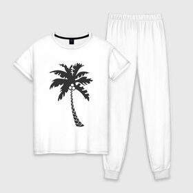 Женская пижама хлопок с принтом Пальма , 100% хлопок | брюки и футболка прямого кроя, без карманов, на брюках мягкая резинка на поясе и по низу штанин | palm | дерево | жаркие страны | кокосы | море | отдых | черно белый | черный | экзотика