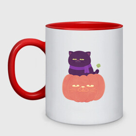 Кружка двухцветная с принтом Хеллоуиновский кот , керамика | объем — 330 мл, диаметр — 80 мм. Цветная ручка и кайма сверху, в некоторых цветах — вся внутренняя часть | Тематика изображения на принте: арт | ведьма | кот | кошка | рисунок | сладость чупа чупс | тыква | хеллоуин | хэллоуин | чёрная кошка | чёрный кот | шарф