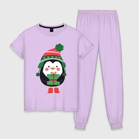 Женская пижама хлопок с принтом Пингвиненок с подарком , 100% хлопок | брюки и футболка прямого кроя, без карманов, на брюках мягкая резинка на поясе и по низу штанин | милый пингвин | милый пингвиненок | новогодний пингвин | новогодний пингвиненок | пингвин | пингвин в шапке | пингвин новый год | пингвин с подарком | пингвиненок | пингвиненок в шапке