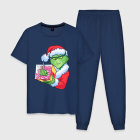 Мужская пижама хлопок с принтом Новый год. Гринч , 100% хлопок | брюки и футболка прямого кроя, без карманов, на брюках мягкая резинка на поясе и по низу штанин
 | Тематика изображения на принте: 2021 | гринч | новый год | подарок | рождество