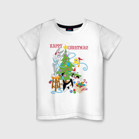 Детская футболка хлопок с принтом Happy Christmas! , 100% хлопок | круглый вырез горловины, полуприлегающий силуэт, длина до линии бедер | bugs | bunny | cat | looney | sylvester | tunes | vdzajul | багз | бани | банни | сильвестр кот | твити