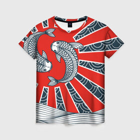Женская футболка 3D с принтом Карпы Кои , 100% полиэфир ( синтетическое хлопкоподобное полотно) | прямой крой, круглый вырез горловины, длина до линии бедер | бамбук | инь янь | карп | кои | рыба | узор | япония