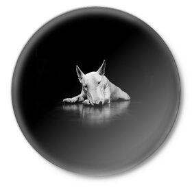 Значок с принтом Puppy ,  металл | круглая форма, металлическая застежка в виде булавки | Тематика изображения на принте: bull terrier | dog | ears | eyes | muzzle | nose | paws | puppy | бультерьер | глаза | лапы | нос | уши | щенок