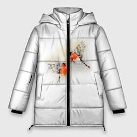 Женская зимняя куртка 3D с принтом Снегири , верх — 100% полиэстер; подкладка — 100% полиэстер; утеплитель — 100% полиэстер | длина ниже бедра, силуэт Оверсайз. Есть воротник-стойка, отстегивающийся капюшон и ветрозащитная планка. 

Боковые карманы с листочкой на кнопках и внутренний карман на молнии | Тематика изображения на принте: животные | зима | новый год | птицы | снег | снегири