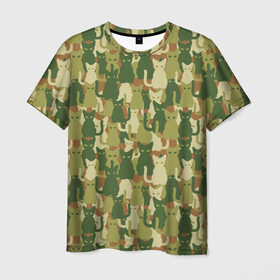 Мужская футболка 3D с принтом Камуфляж из котов , 100% полиэфир | прямой крой, круглый вырез горловины, длина до линии бедер | 23 февраля | армия | военная | зелень | камуфляж | листья | маскировка | паттерн | солдат | текстуры