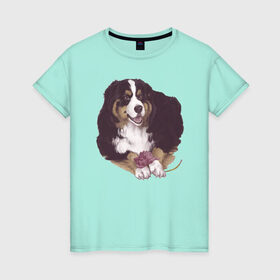 Женская футболка хлопок с принтом собака с пионом , 100% хлопок | прямой крой, круглый вырез горловины, длина до линии бедер, слегка спущенное плечо | бернский зенненхунд | домашний любимец | иллюстрация | собачник