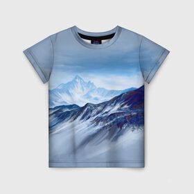 Детская футболка 3D с принтом Серо-голубые горы , 100% гипоаллергенный полиэфир | прямой крой, круглый вырез горловины, длина до линии бедер, чуть спущенное плечо, ткань немного тянется | арт | горы | живопись | кистью | краски | пейзаж | рисунок | серый