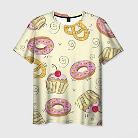 Мужская футболка 3D с принтом Узор Сладости , 100% полиэфир | прямой крой, круглый вырез горловины, длина до линии бедер | Тематика изображения на принте: детский | диета | желтый | капкейк | крендель | нарисованный | паттерн | пирожок | пончик | розовый | сладости | узор
