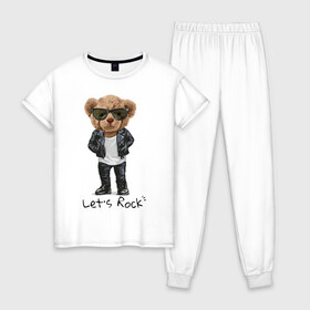 Женская пижама хлопок с принтом Мишка рокер , 100% хлопок | брюки и футболка прямого кроя, без карманов, на брюках мягкая резинка на поясе и по низу штанин | lets | rock | джинсы | куртка | мишка | очки | плюшевый | рок | фраза