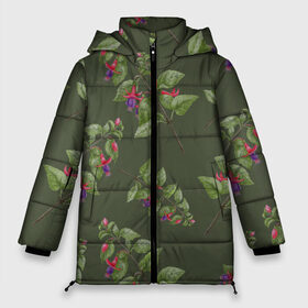 Женская зимняя куртка 3D с принтом Ветки фуксии на темно зеленом , верх — 100% полиэстер; подкладка — 100% полиэстер; утеплитель — 100% полиэстер | длина ниже бедра, силуэт Оверсайз. Есть воротник-стойка, отстегивающийся капюшон и ветрозащитная планка. 

Боковые карманы с листочкой на кнопках и внутренний карман на молнии | Тематика изображения на принте: 8 марта | flowers | summer | ботаническая иллюстрация | весна | зеленый | лето | листья | любовь | оливковый | праздник | принт | природа | растения | розовый | фиолетовый | фуксия | цветы