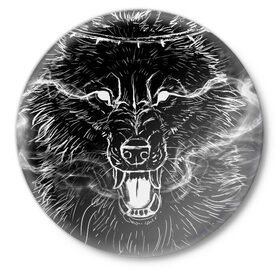Значок с принтом Canis Inferos ,  металл | круглая форма, металлическая застежка в виде булавки | Тематика изображения на принте: адская гончая | венок | волк | дым | злой | оскал | фазы луны