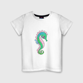 Детская футболка хлопок с принтом Морской конек , 100% хлопок | круглый вырез горловины, полуприлегающий силуэт, длина до линии бедер | Тематика изображения на принте: море | морские жители | подводное царство | русалка