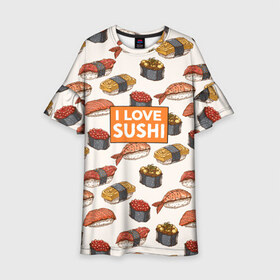 Детское платье 3D с принтом I love sushi Я люблю суши , 100% полиэстер | прямой силуэт, чуть расширенный к низу. Круглая горловина, на рукавах — воланы | Тематика изображения на принте: japan | japanese | виды суши | гункан | гунканы | икра | красная икра | красная рыба | креветка | лосось | маки | нигири | омлет | паттерн | ролл | роллы | сашими | суси | узор | фастфуд | форель | футомаки