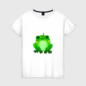 Женская футболка хлопок с принтом Жаба с листиком , 100% хлопок | прямой крой, круглый вырез горловины, длина до линии бедер, слегка спущенное плечо | Тематика изображения на принте: жаба | зеленая | лягуха | лягушка | милая | с листочком
