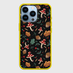 Чехол для iPhone 13 Pro с принтом Лесной принт с мухоморами ,  |  | Тематика изображения на принте: грибы | желуди | лесной | листья | мухоморы | узор | черный