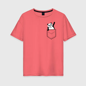 Женская футболка хлопок Oversize с принтом Панда В Кармане , 100% хлопок | свободный крой, круглый ворот, спущенный рукав, длина до линии бедер
 | 