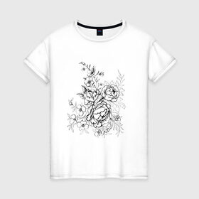 Женская футболка хлопок с принтом Графика тату , 100% хлопок | прямой крой, круглый вырез горловины, длина до линии бедер, слегка спущенное плечо | монохром | пион | розы | татуировка | цветы