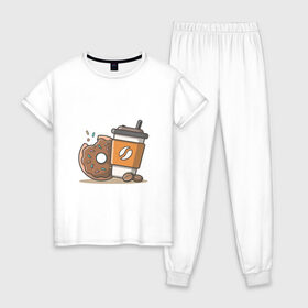 Женская пижама хлопок с принтом Сладкая жизнь , 100% хлопок | брюки и футболка прямого кроя, без карманов, на брюках мягкая резинка на поясе и по низу штанин | Тематика изображения на принте: coffee | вкусняшки | кофе | пончик | сладости